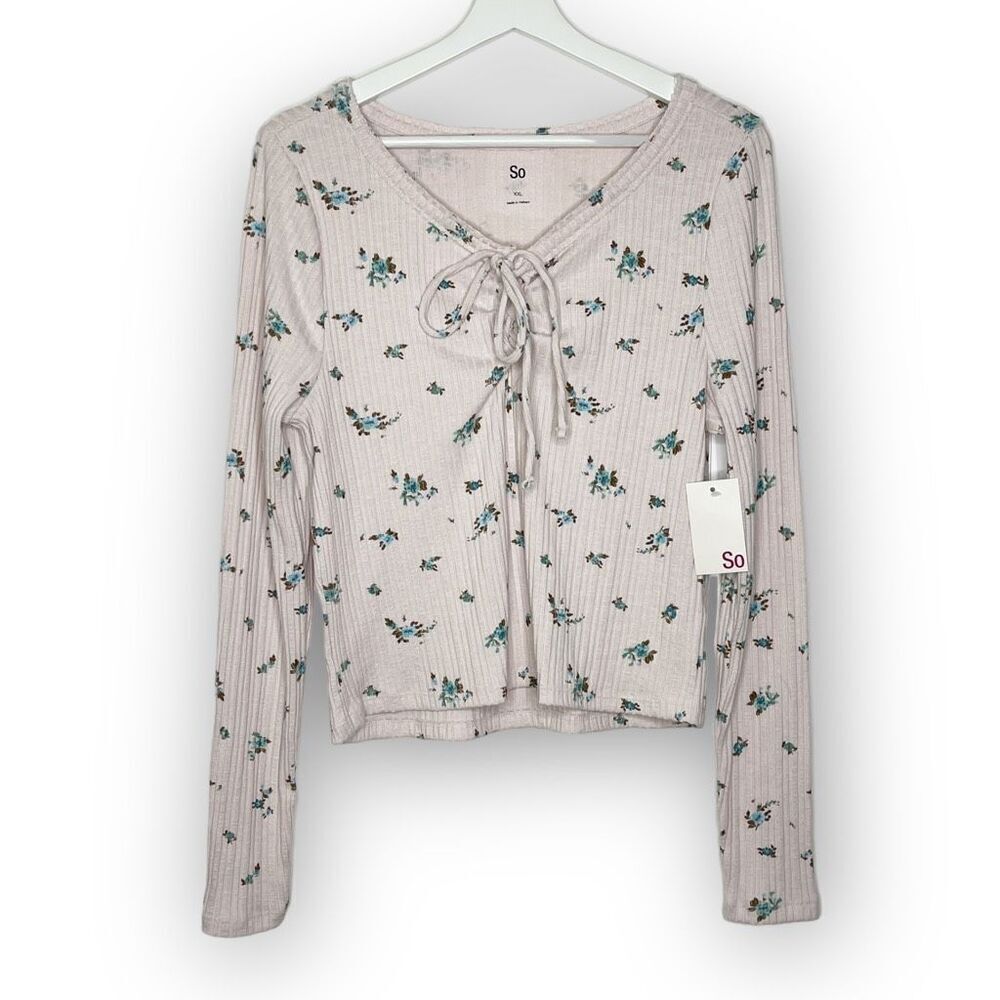 SO Kohl’s Long Sleeve Ribbed Lace Front Tee Pink Floral Juniors Size XXL NWT